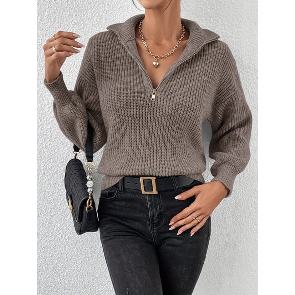 Chunky Knit Sweater with Ribbed Relaxed Fit and Half Zip - Image 1