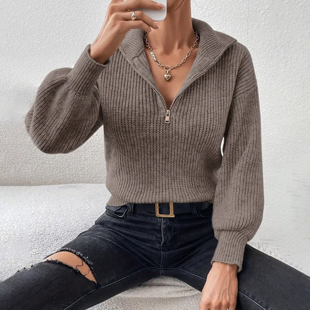 Chunky Knit Sweater with Ribbed Relaxed Fit and Half Zip - Image 2