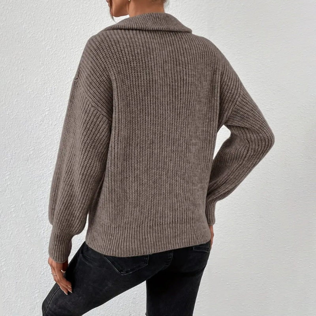 Chunky Knit Sweater with Ribbed Relaxed Fit and Half Zip - Image 3