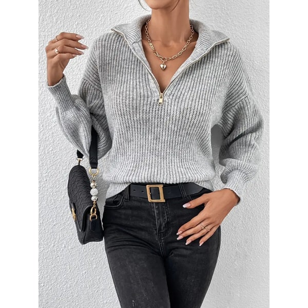 Chunky Knit Sweater with Ribbed Relaxed Fit and Half Zip - Image 4