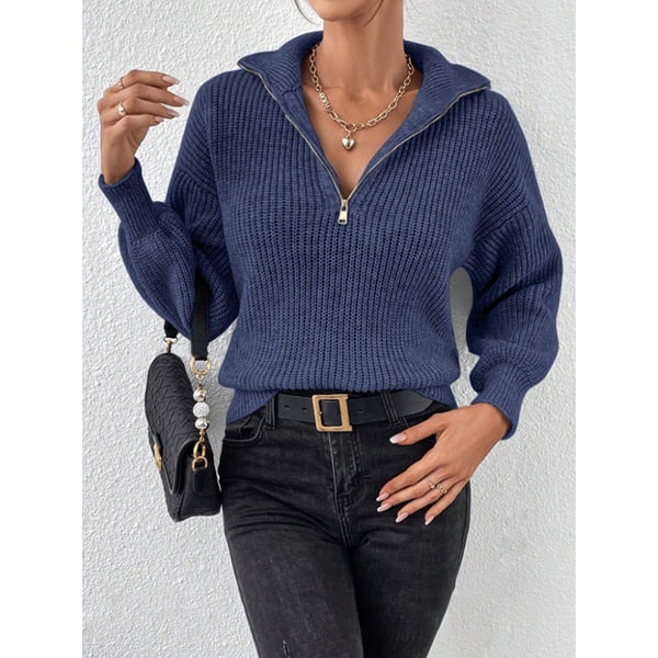 Chunky Knit Sweater with Ribbed Relaxed Fit and Half Zip - Image 5