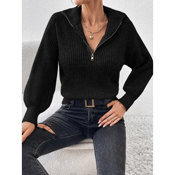 Chunky Knit Sweater with Ribbed Relaxed Fit and Half Zip - Image 6