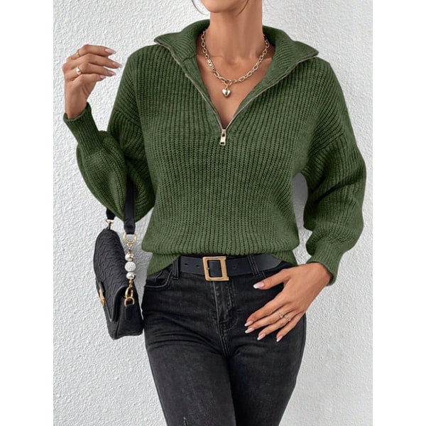Chunky Knit Sweater with Ribbed Relaxed Fit and Half Zip - Image 7
