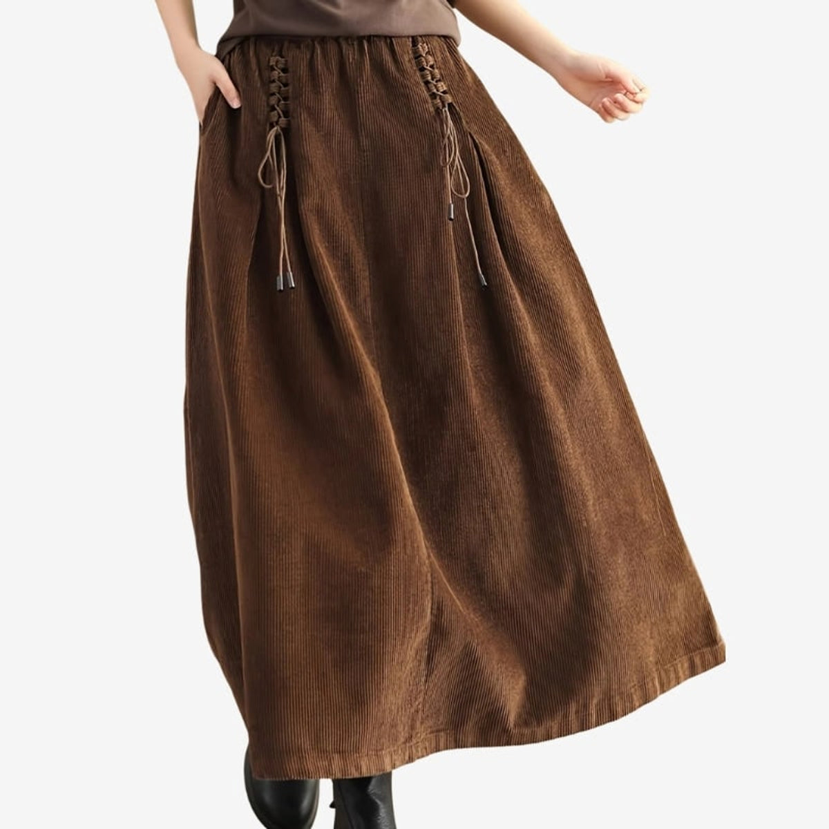Corduroy Bottoms with Elastic Waist Skirt and Relaxed Fit - Image 3