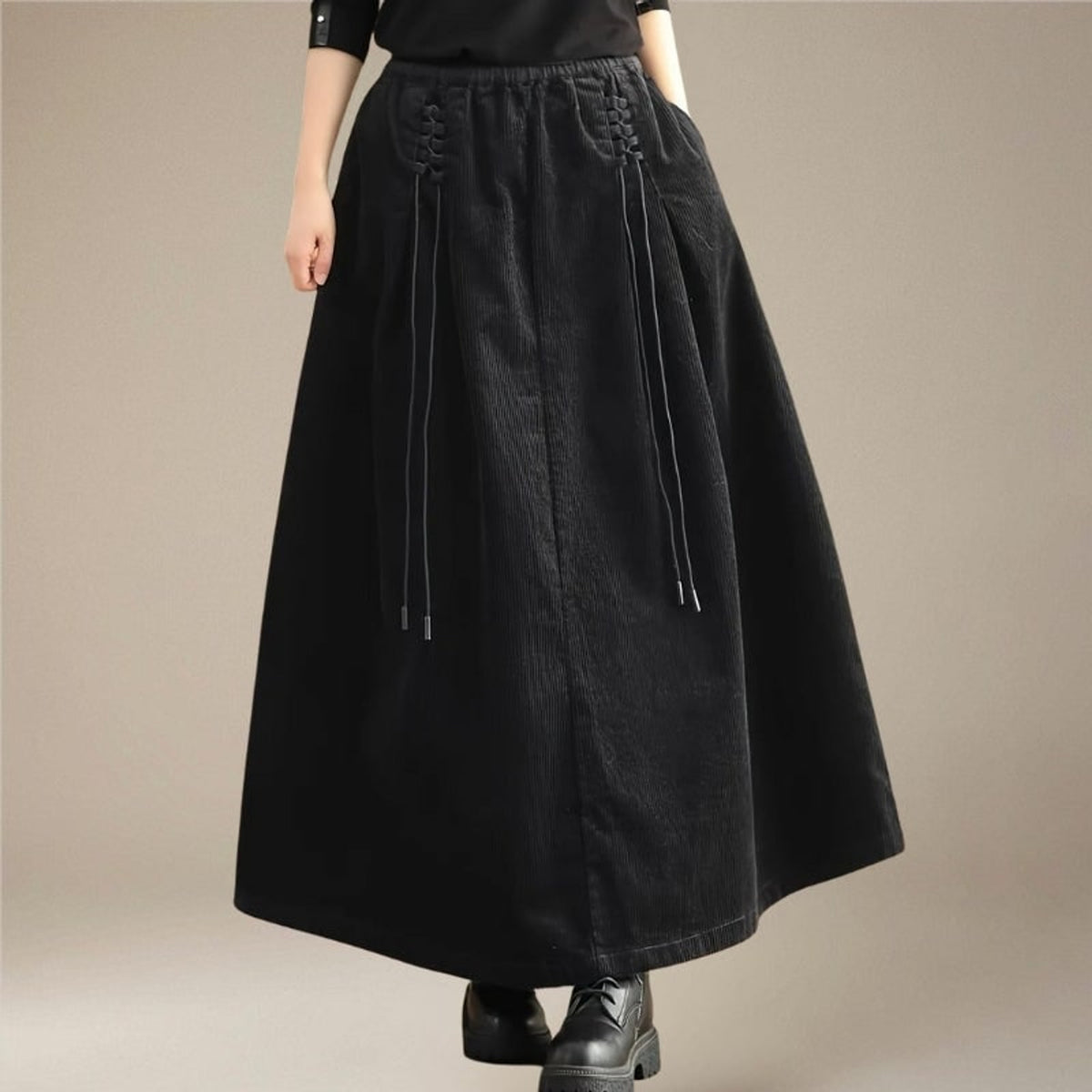 Corduroy Bottoms with Elastic Waist Skirt and Relaxed Fit - Image 6