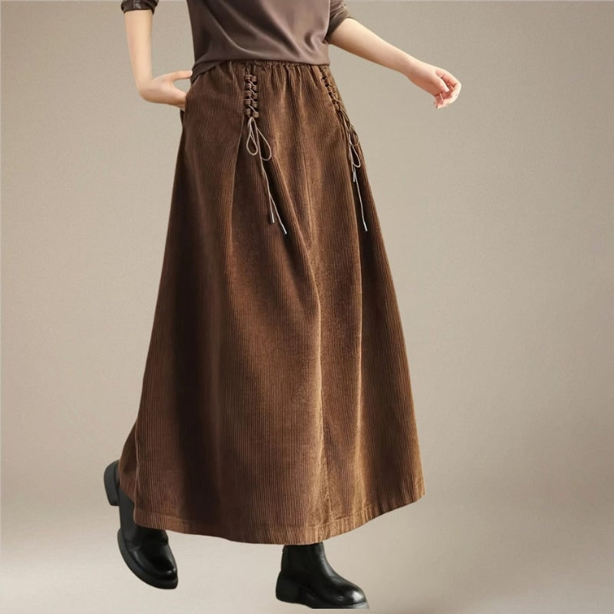 Corduroy Bottoms with Elastic Waist Skirt and Relaxed Fit - Image 8