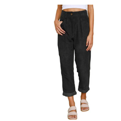 Corduroy Bottoms with Lightweight High-Waist Fit and Rolled Cuffs - Image 1