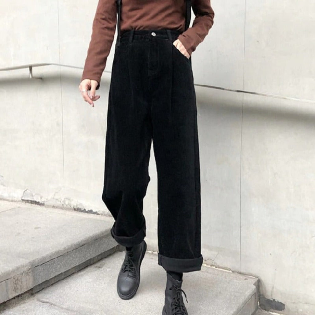 Corduroy Bottoms with Wide-Leg Cut and Cuffed Hem - Image 1