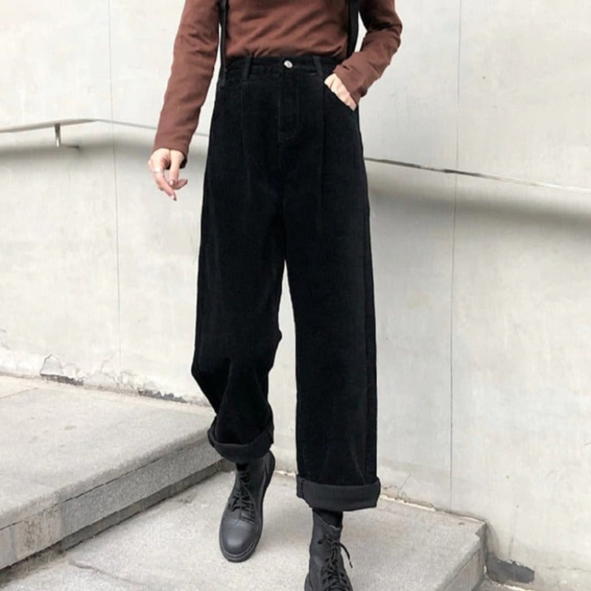 Corduroy Bottoms with Wide-Leg Cut and Cuffed Hem - Image 1