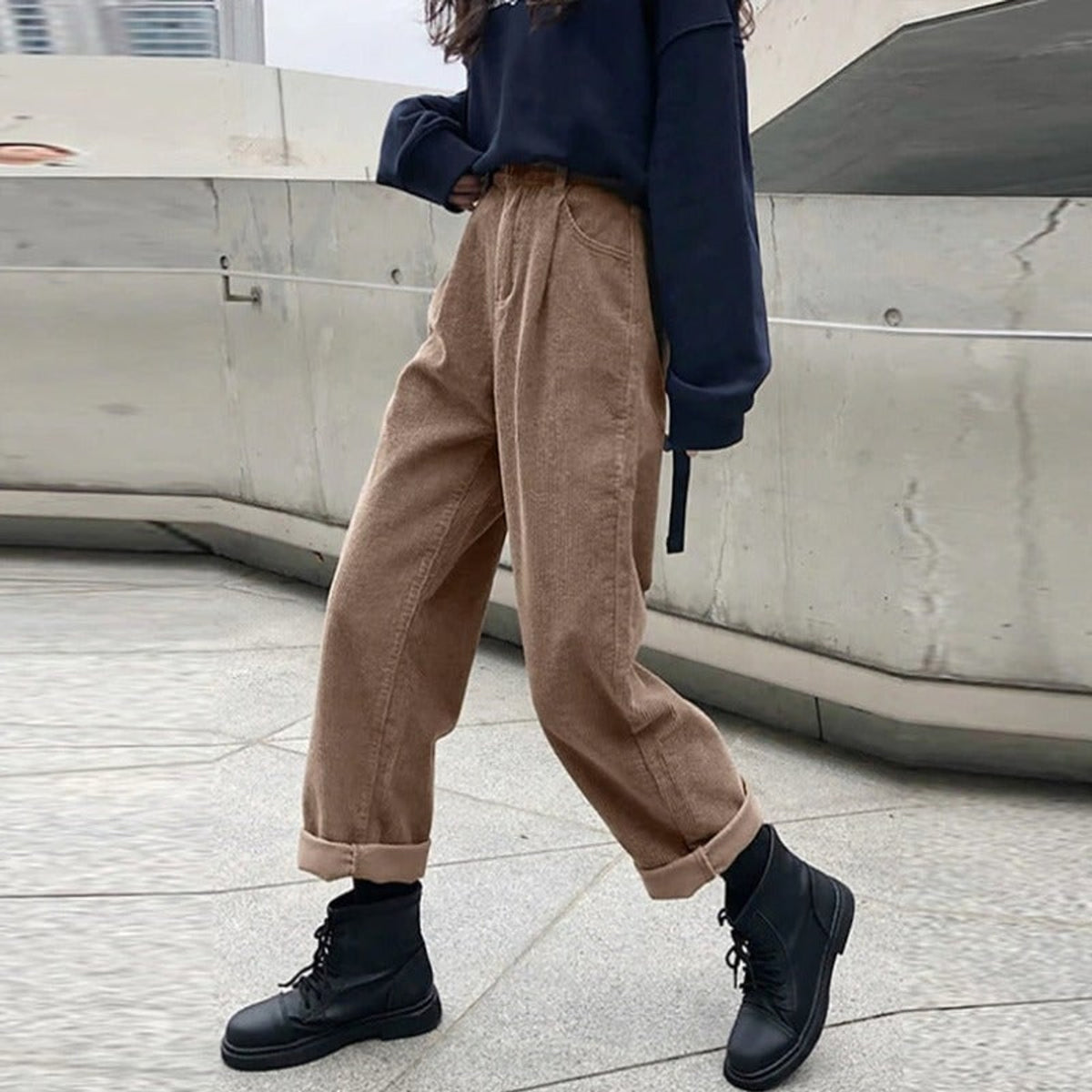 Corduroy Bottoms with Wide-Leg Cut and Cuffed Hem - Image 4