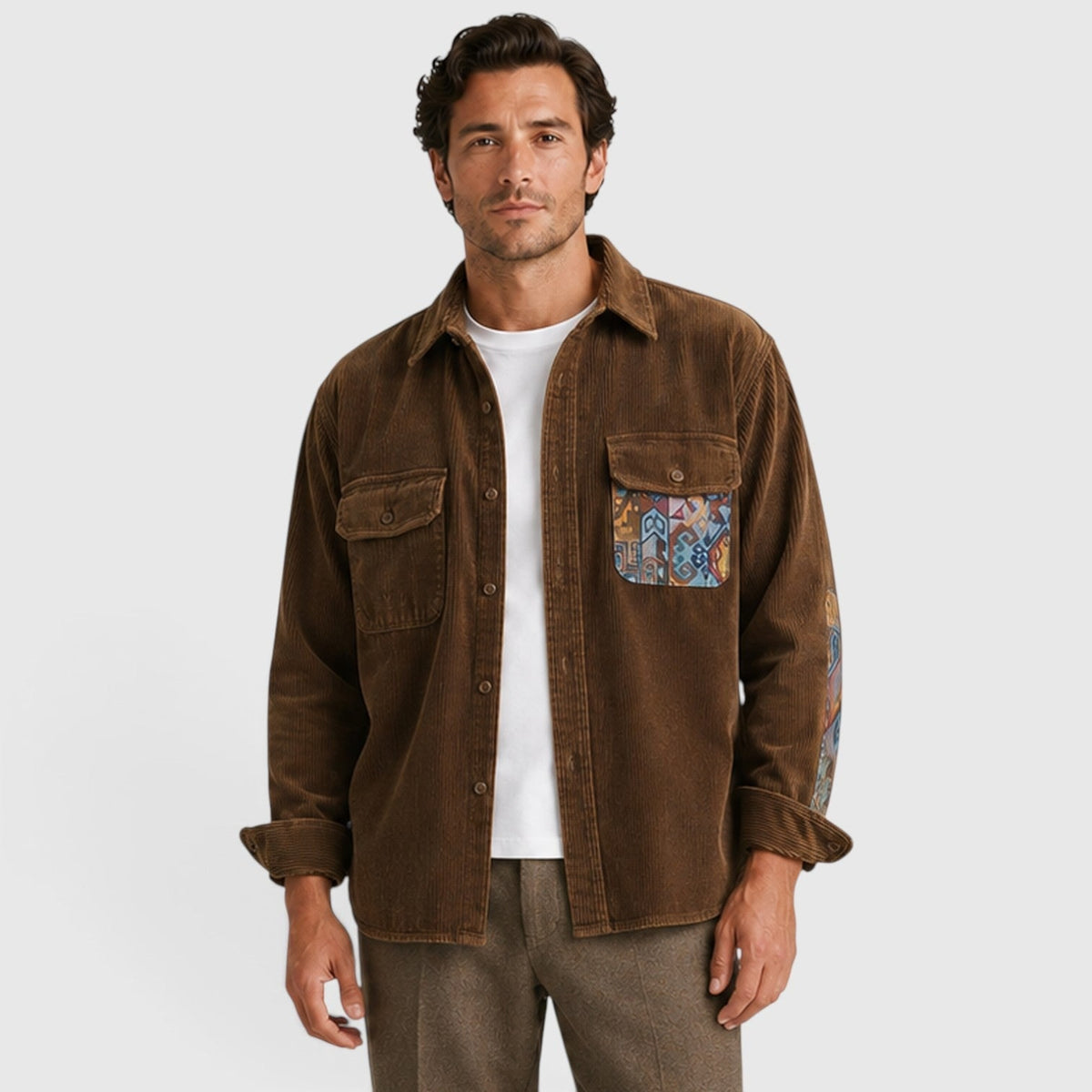 Corduroy Overshirt with Relaxed Button-Up Fit and Patchwork Pocket - Image 1