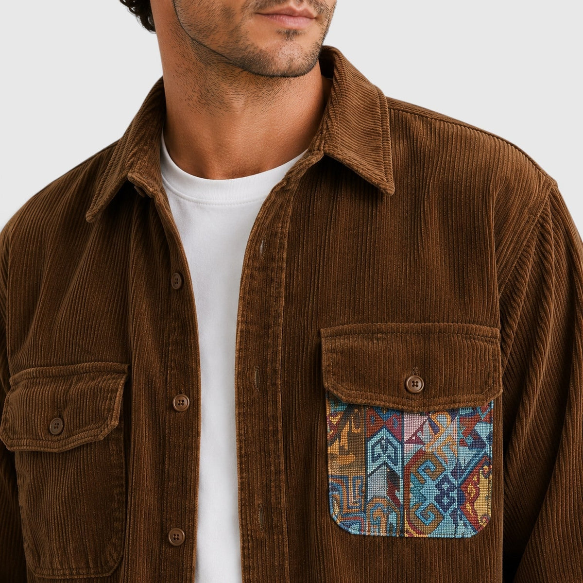 Corduroy Overshirt with Relaxed Button-Up Fit and Patchwork Pocket - Image 3