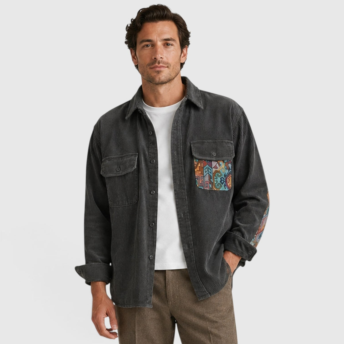 Corduroy Overshirt with Relaxed Button-Up Fit and Patchwork Pocket - Image 6
