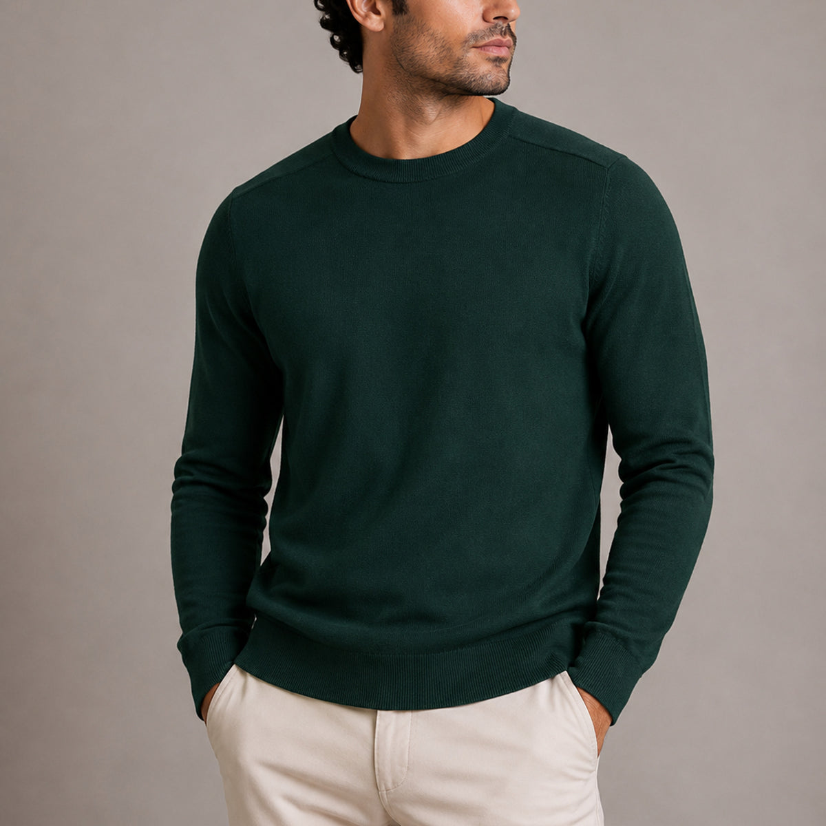 Crew Neck Sweater with Ribbed Fine Knit and Long Sleeves - Image 2