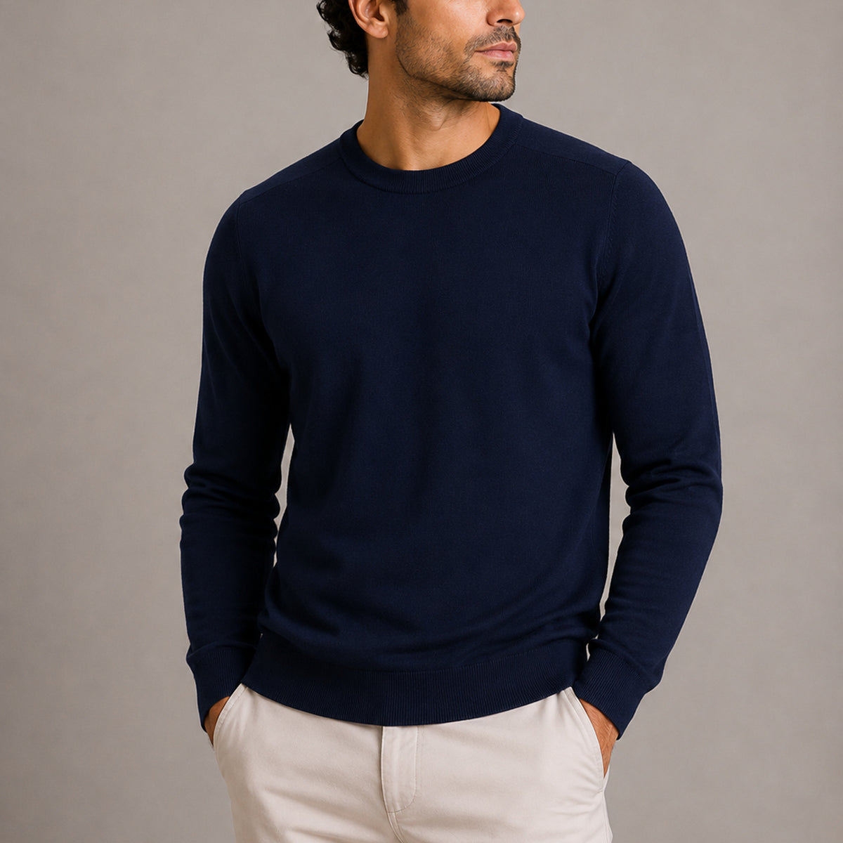 Crew Neck Sweater with Ribbed Fine Knit and Long Sleeves - Image 3