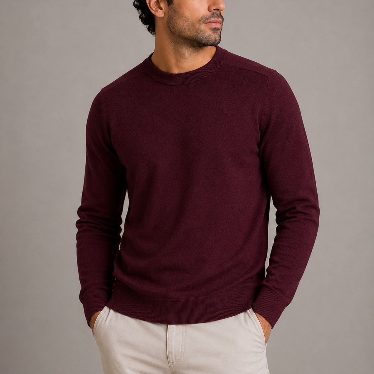 Crew Neck Sweater with Ribbed Fine Knit and Long Sleeves - Image 4