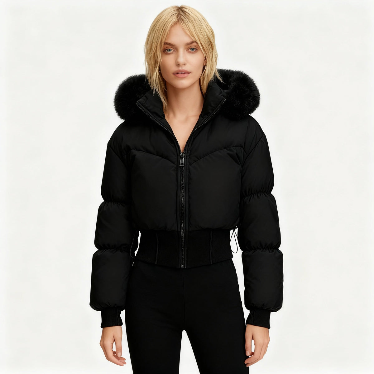 Cropped Down Jacket with Detachable Hood Puffer and Faux-Fur Trim - Image 1