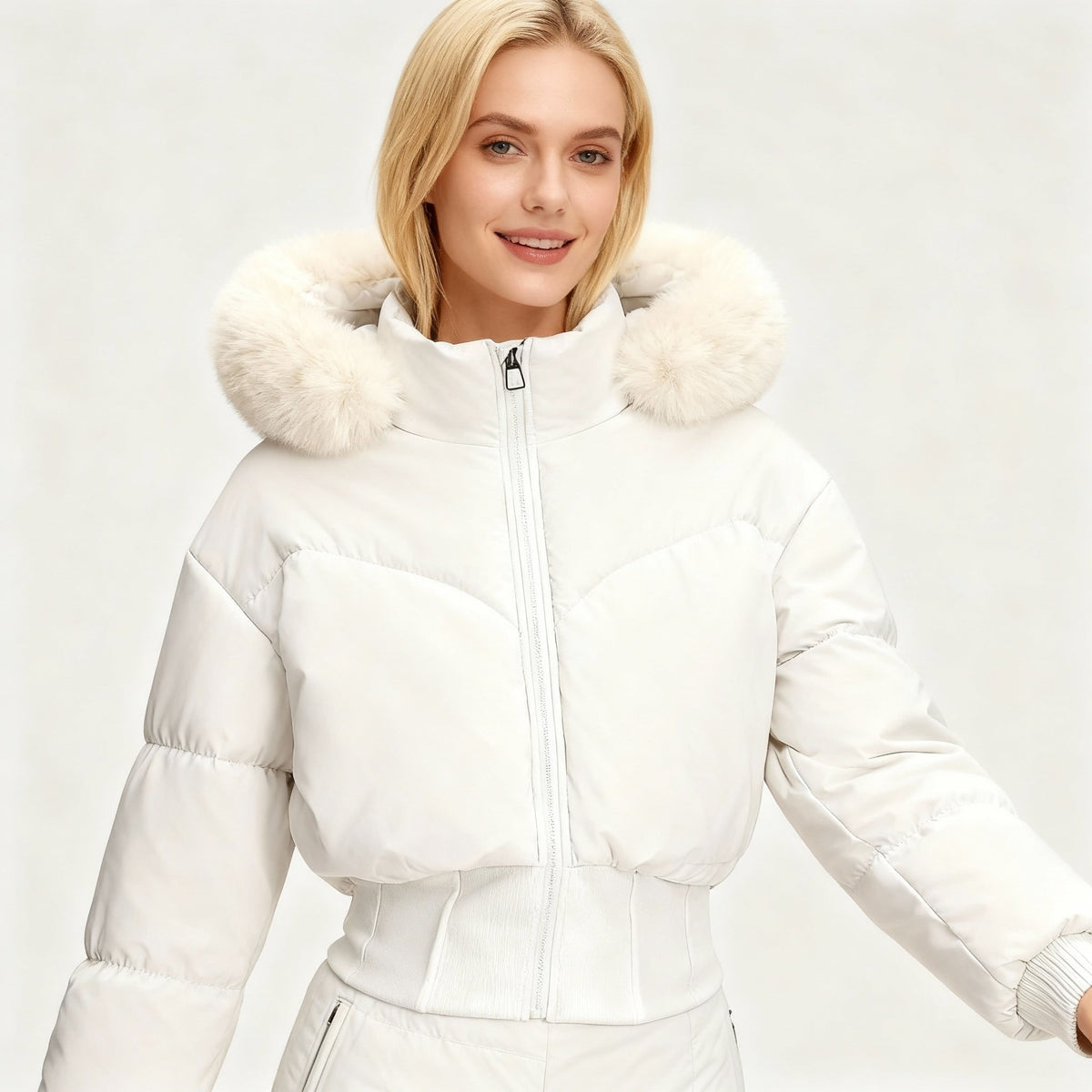 Cropped Down Jacket with Detachable Hood Puffer and Faux-Fur Trim - Image 2