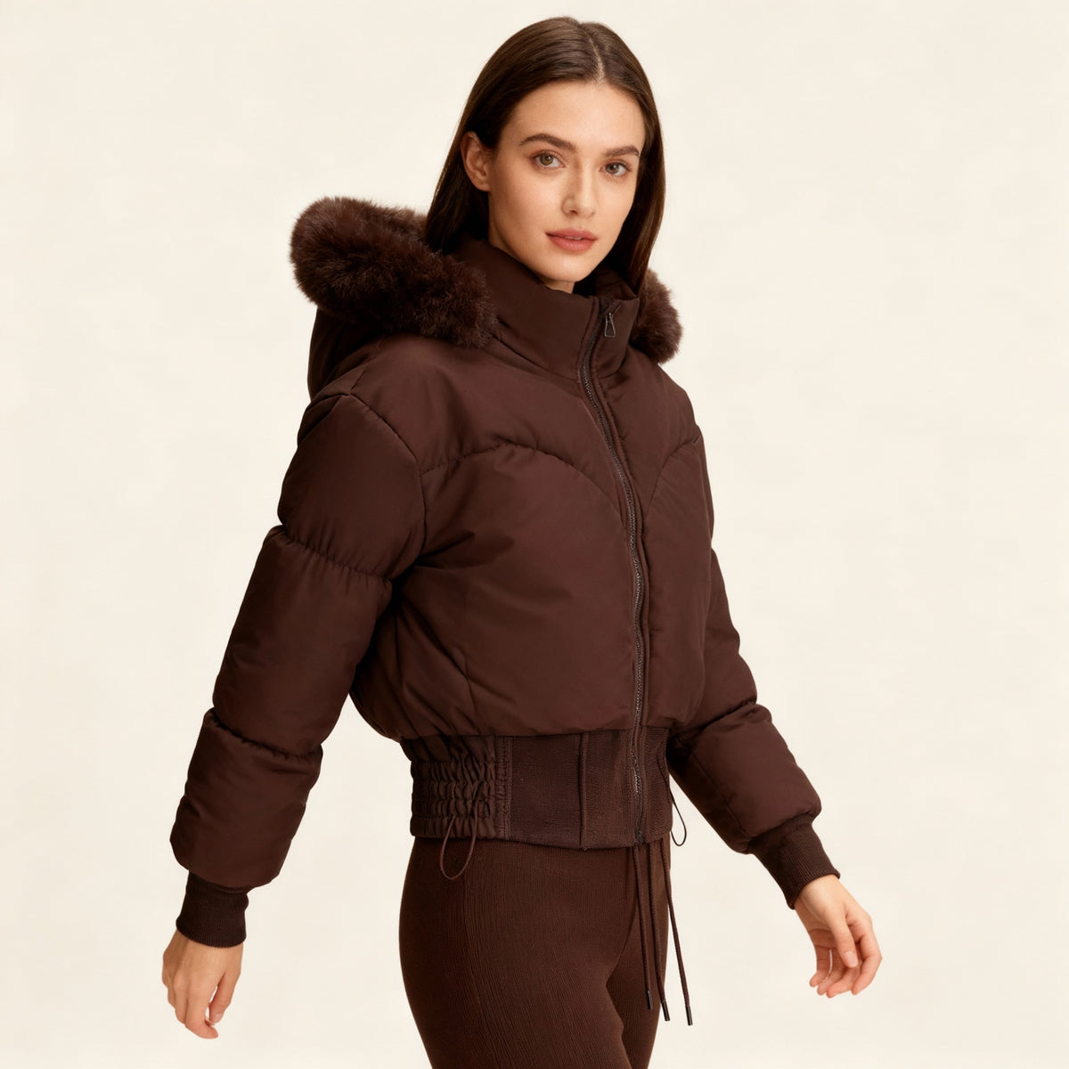 Cropped Down Jacket with Detachable Hood Puffer and Faux-Fur Trim - Image 3