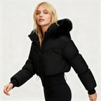 Cropped Down Jacket with Detachable Hood Puffer and Faux-Fur Trim - Image 4