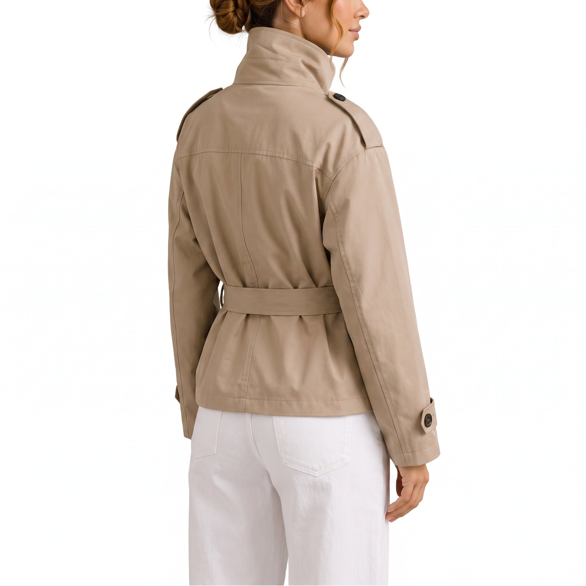 Cropped Trench Coat Double-Breasted High Collar Tie Belt - angle