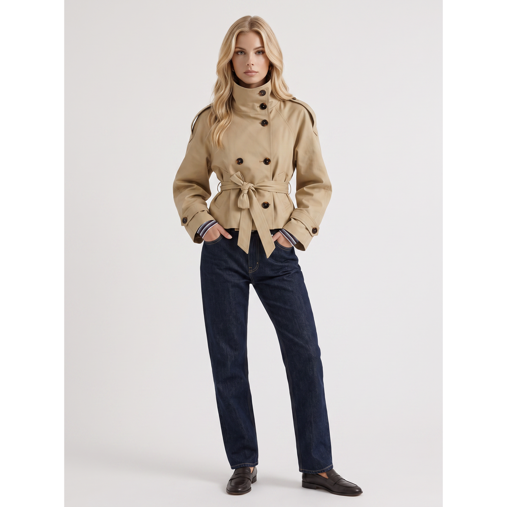 Cropped Trench Coat Double-Breasted With Belt Beige - Image 1