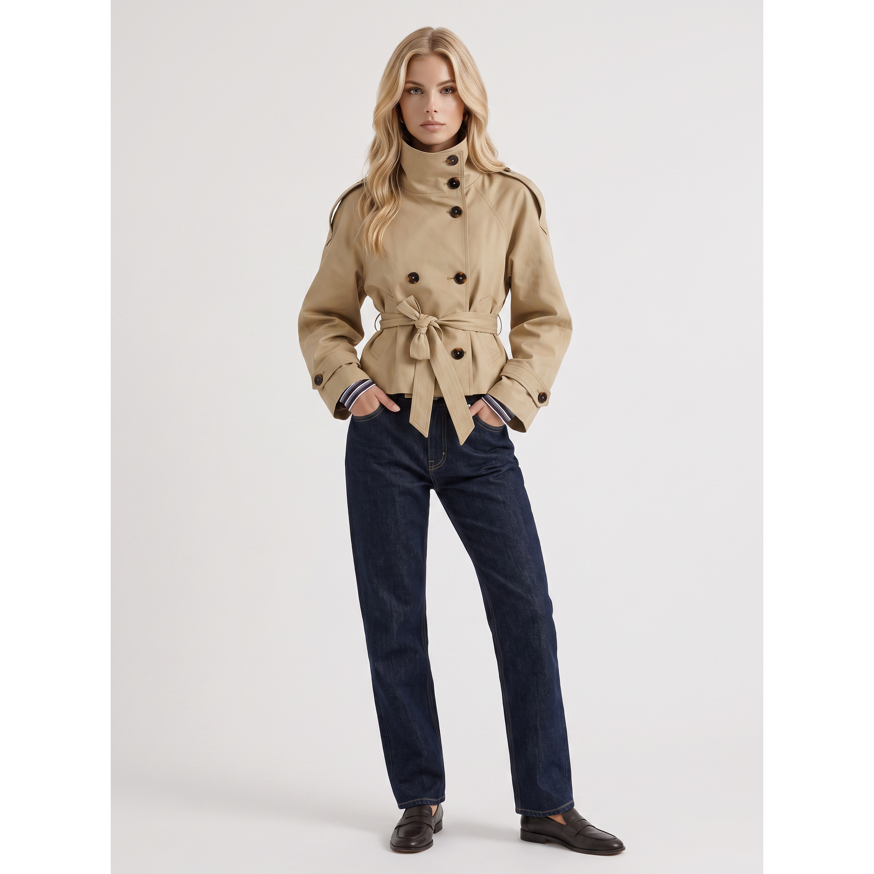 Cropped Trench Coat Double-Breasted With Belt Beige - Image 1