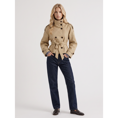 Cropped Trench Coat Double-Breasted With Belt Beige - Image 1