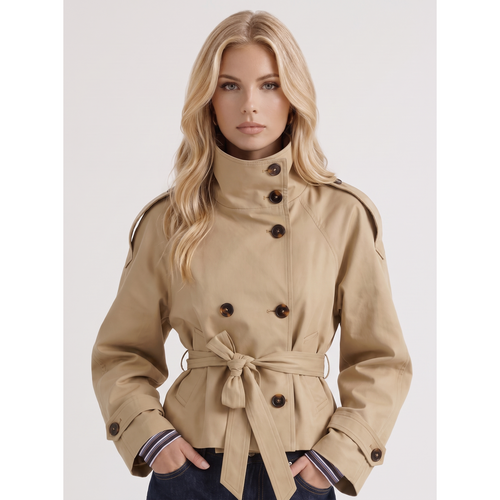 Cropped Trench Coat Double-Breasted With Belt Beige - Image 2