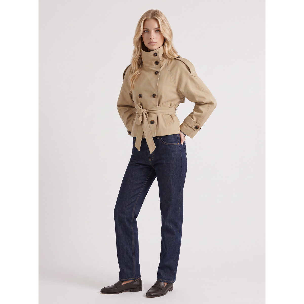 Cropped Trench Coat Double-Breasted With Belt Beige - Image 3