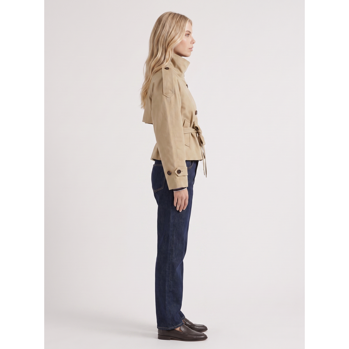 Cropped Trench Coat Double-Breasted With Belt Beige - Image 4
