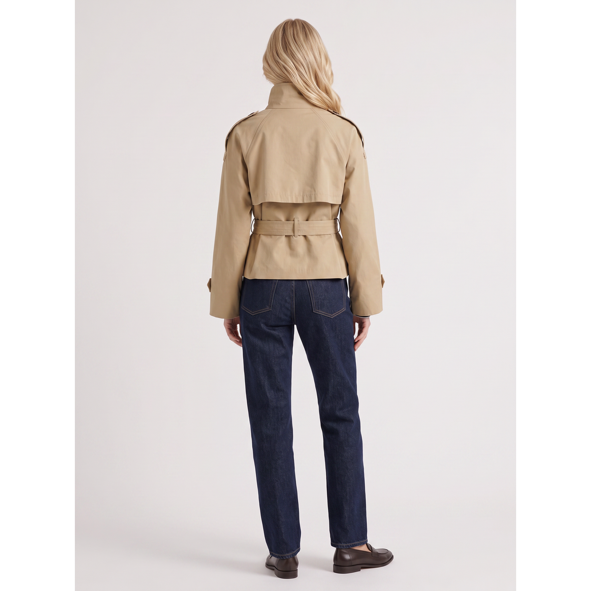 Cropped Trench Coat Double-Breasted With Belt Beige - Image 5