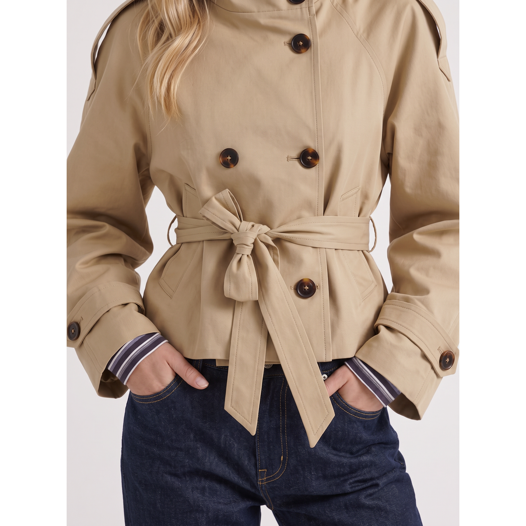 Cropped Trench Coat Double-Breasted With Belt Beige - Image 6