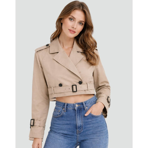 Cropped Trench Coat Double-Breasted With Belt Buckles - Image 1