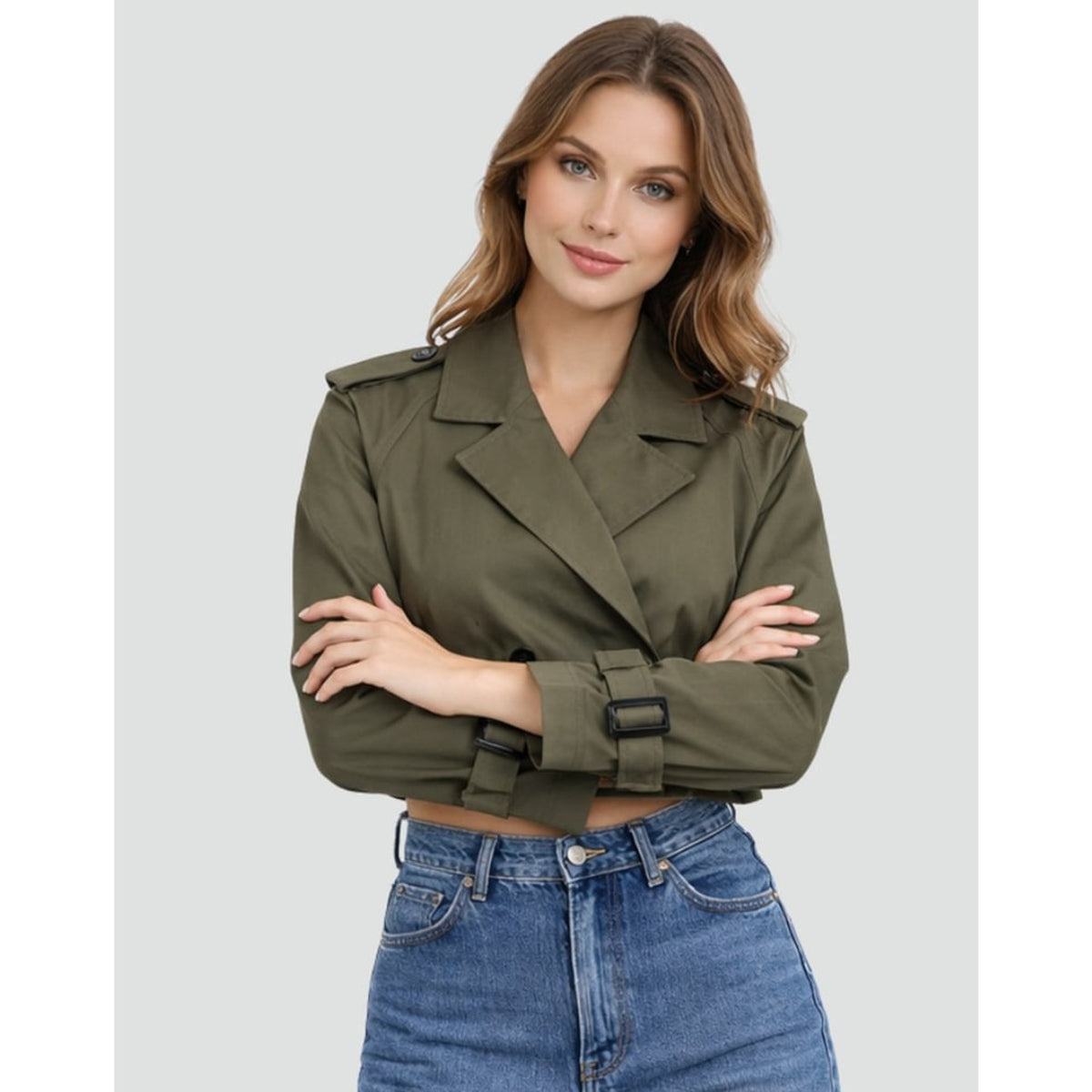 Cropped Trench Coat Double-Breasted With Belt Buckles - Image 2