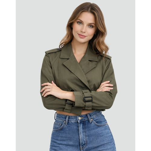 Cropped Trench Coat Double-Breasted With Belt Buckles - Image 2