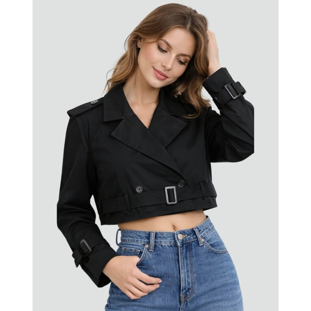 Cropped Trench Coat Double-Breasted With Belt Buckles - Image 3