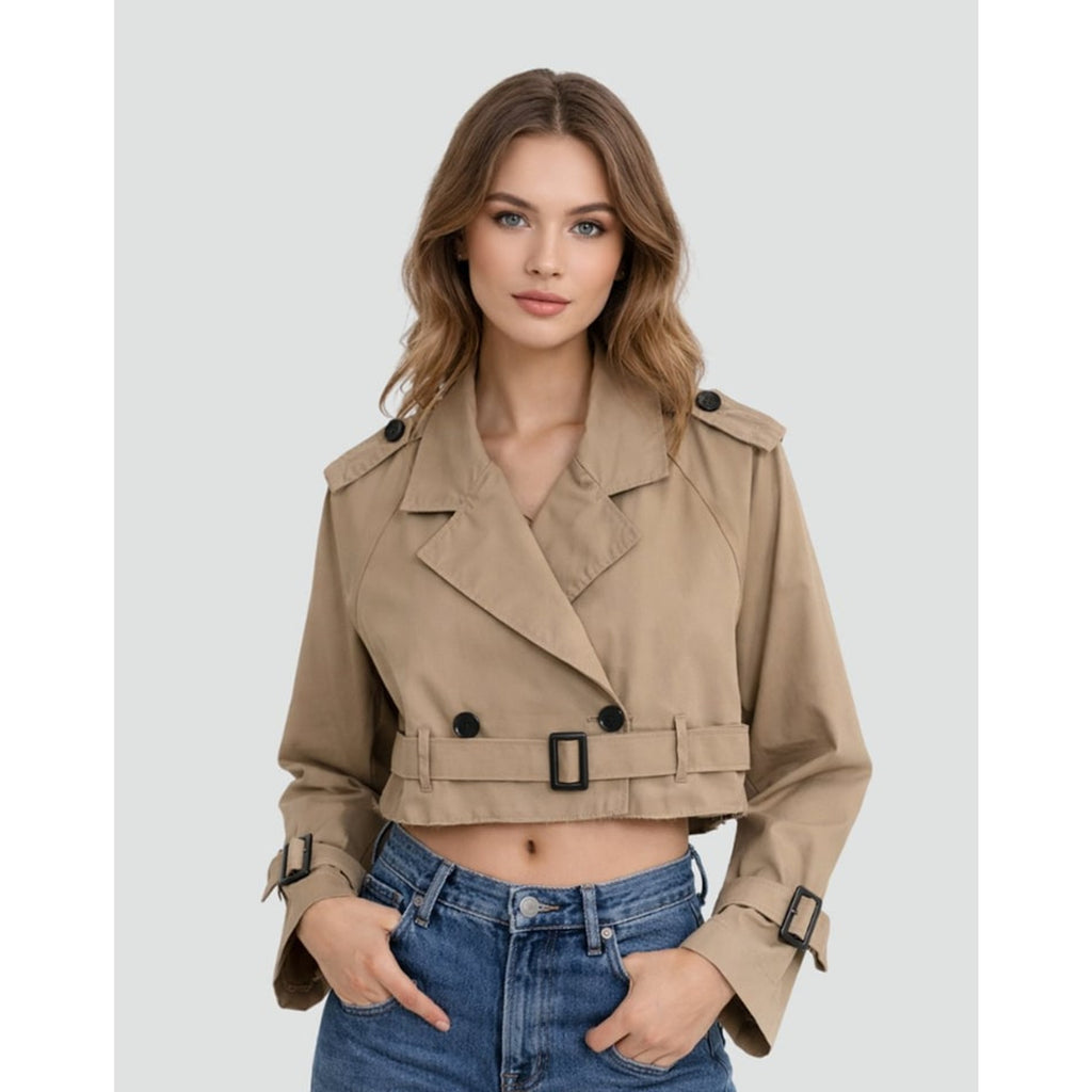 Cropped Trench Coat Double-Breasted With Belt Buckles - Image 4