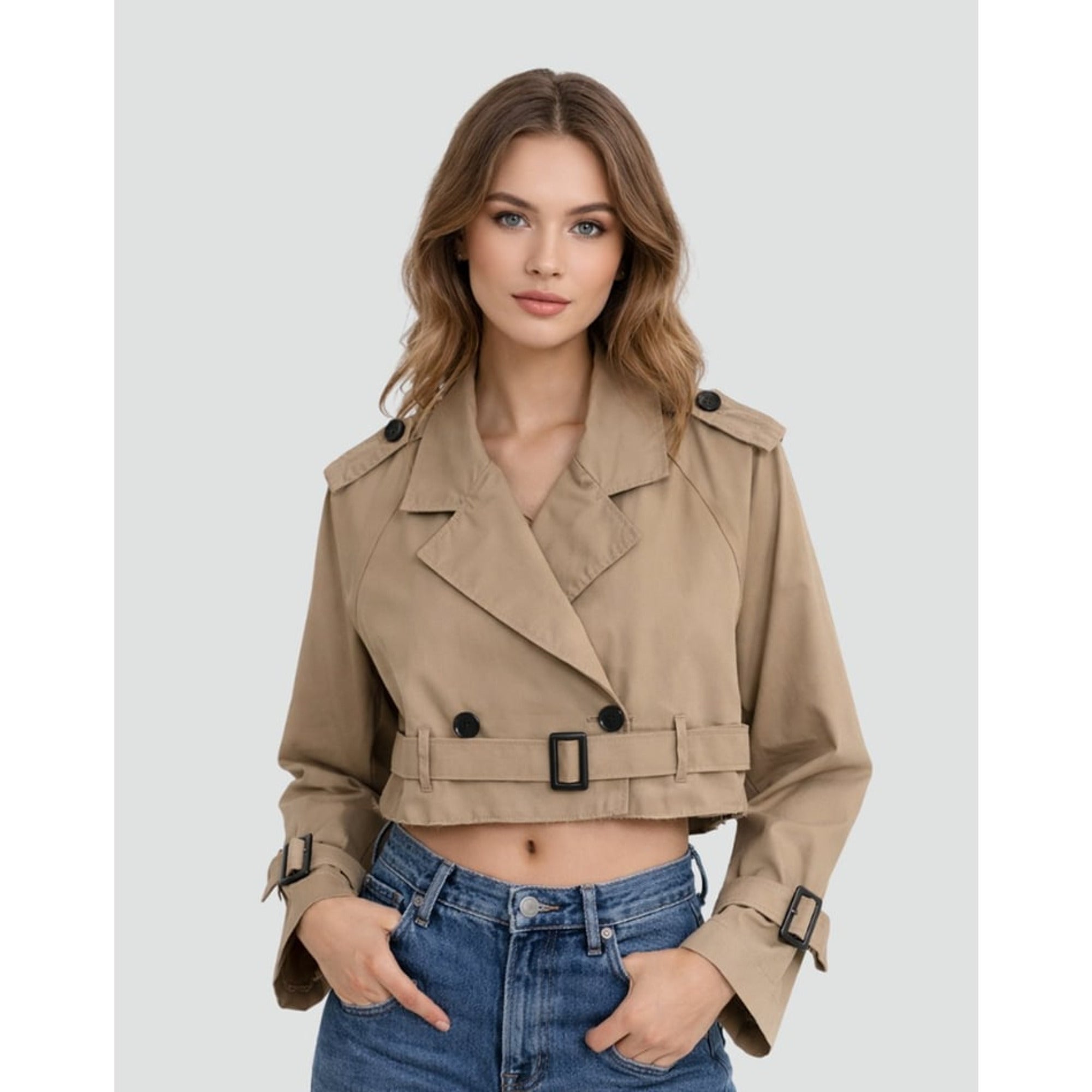 Cropped Trench Coat Double-Breasted With Belt Buckles - Image 4