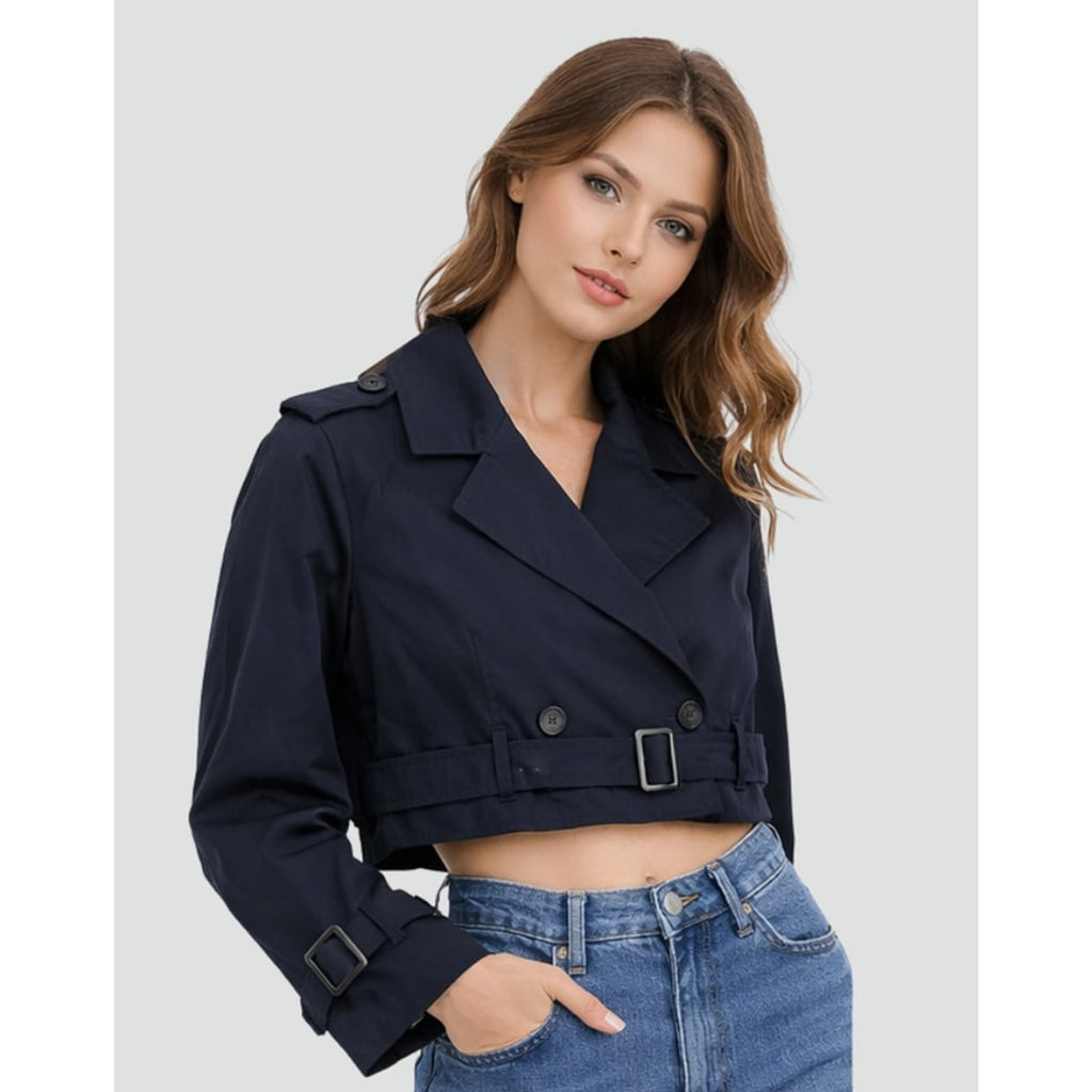Cropped Trench Coat Double-Breasted With Belt Buckles - Image 5