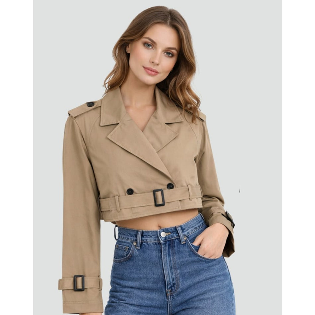 Cropped Trench Coat Double-Breasted With Belt Buckles - Image 6