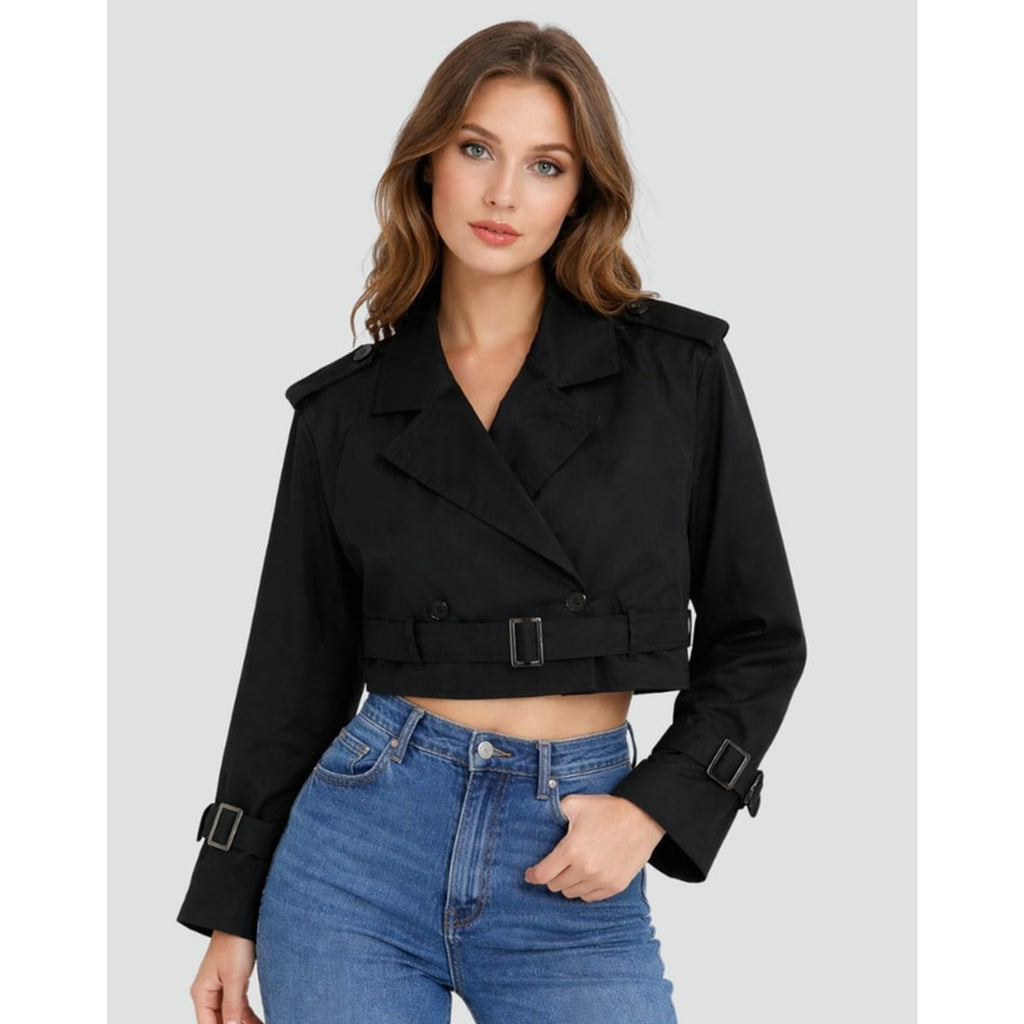 Cropped Trench Coat Double-Breasted With Belt Buckles - Image 9
