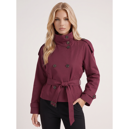 Cropped Trench Coat Double-Breasted With Belt Burgundy - Image 2