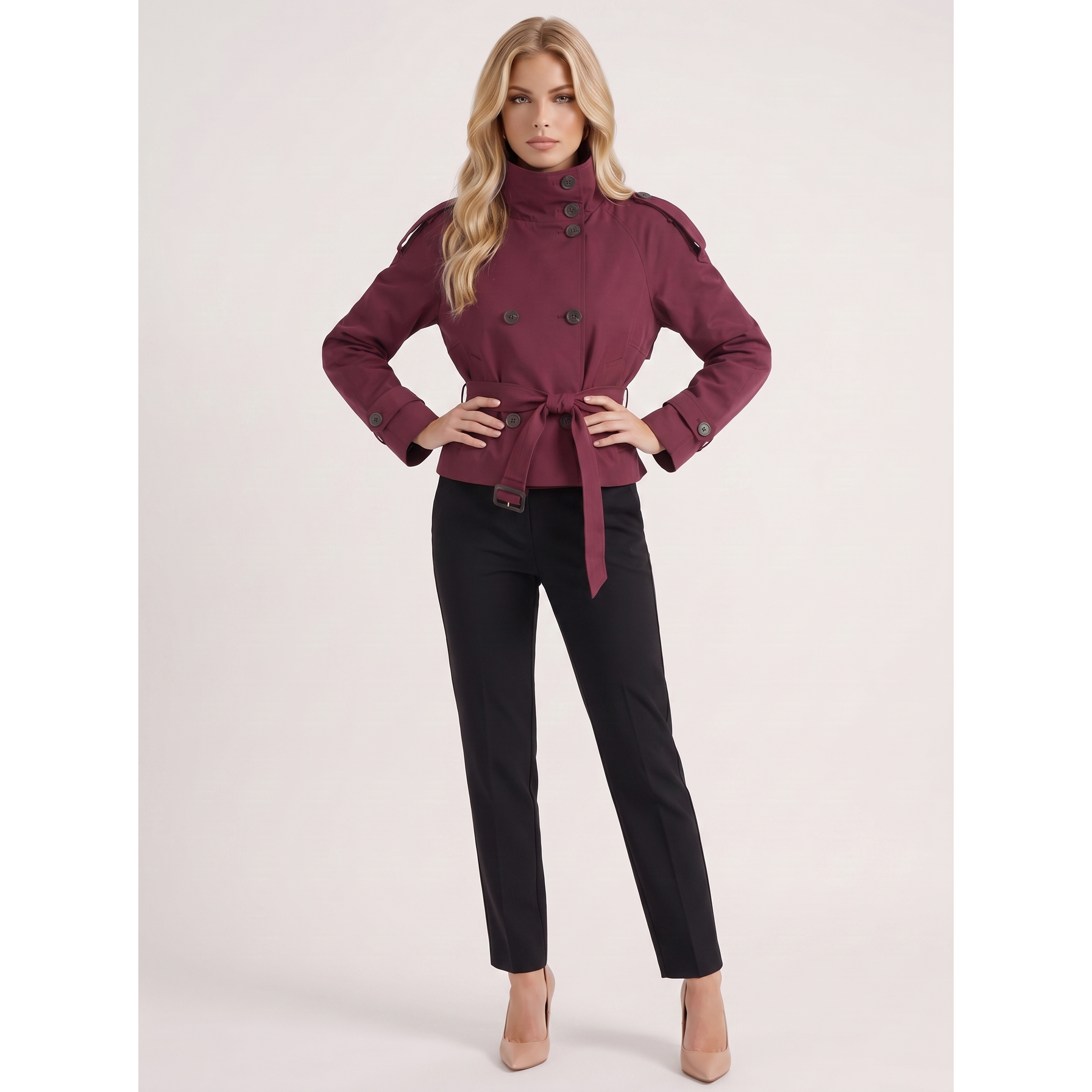 Cropped Trench Coat Double-Breasted With Belt Burgundy - Image 3
