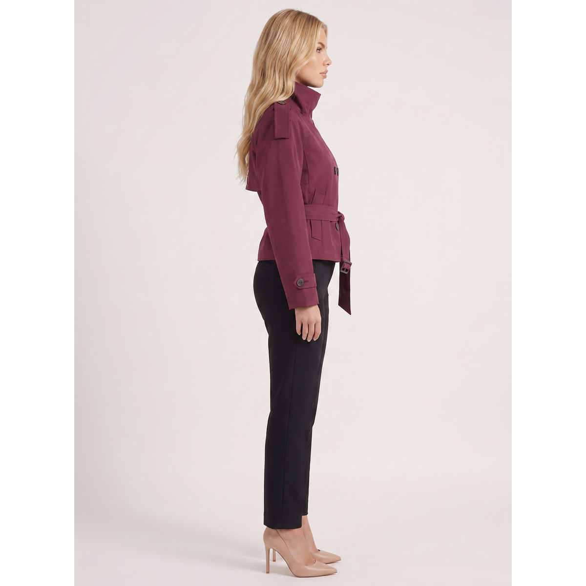 Cropped Trench Coat Double-Breasted With Belt Burgundy - Image 4
