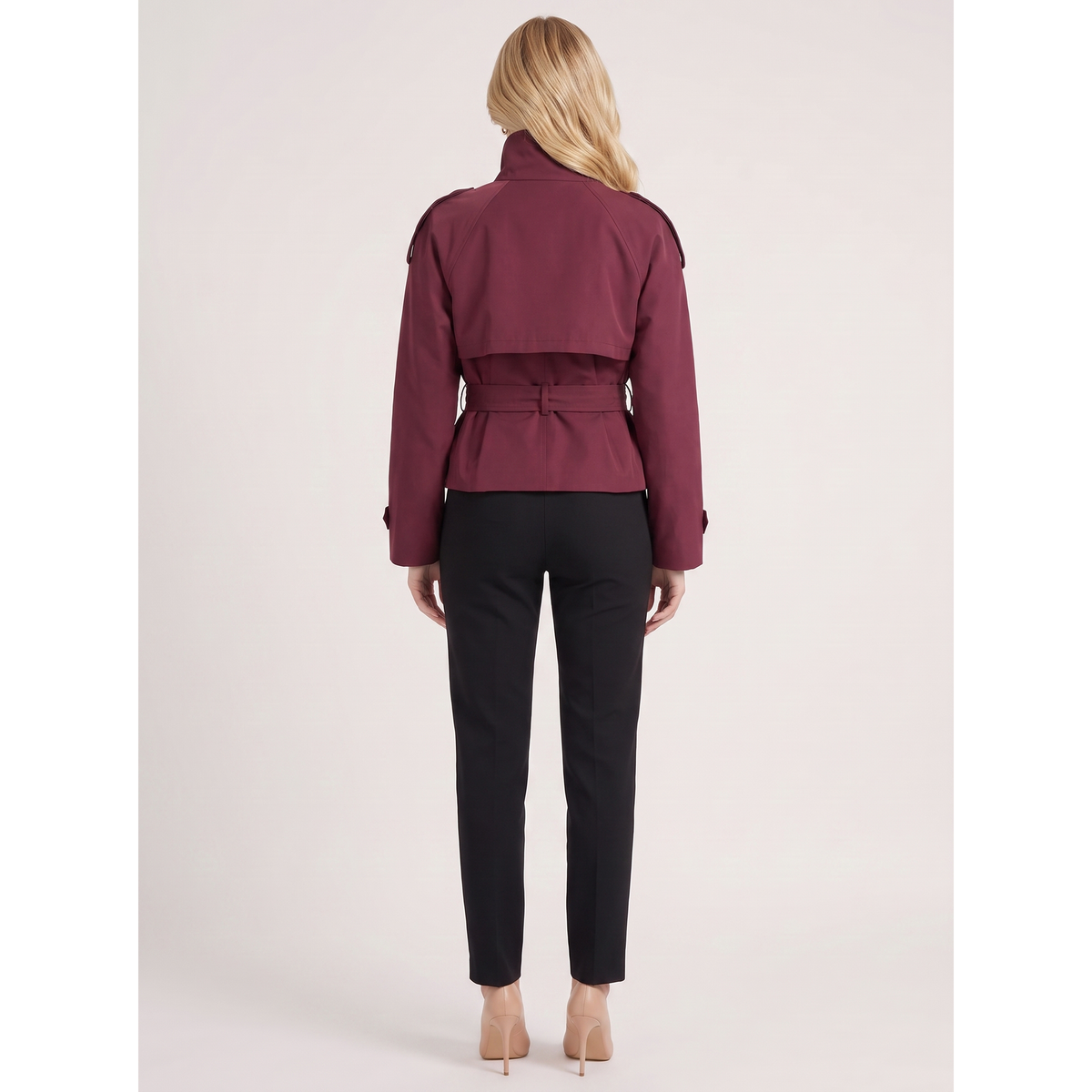 Cropped Trench Coat Double-Breasted With Belt Burgundy - Image 5