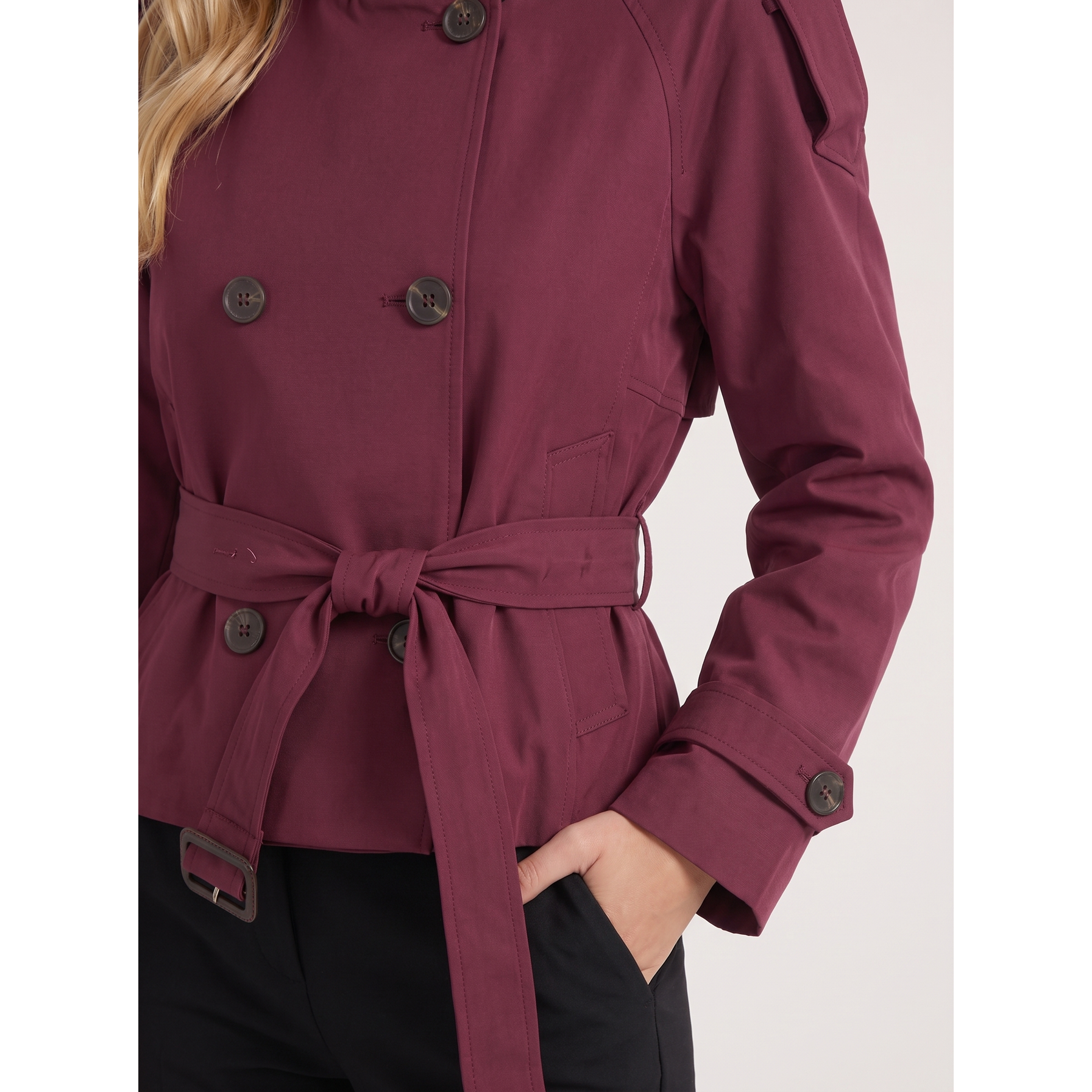 Cropped Trench Coat Double-Breasted With Belt Burgundy - Image 6