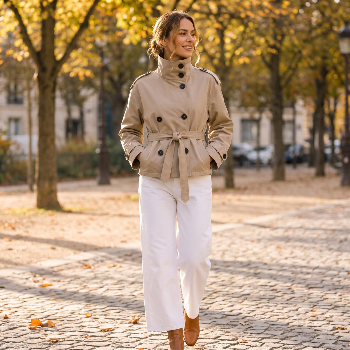 Cropped Trench Coat Double-Breasted High Collar Tie Belt - in-use