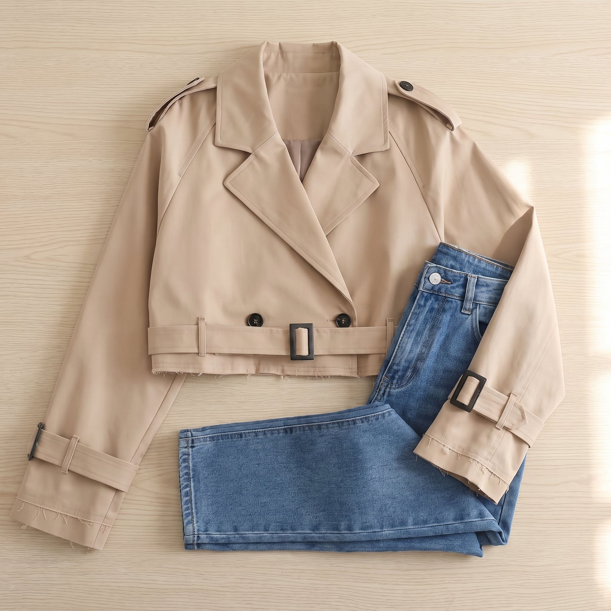 Trench Coat Short Belted Jacket Beige - scale