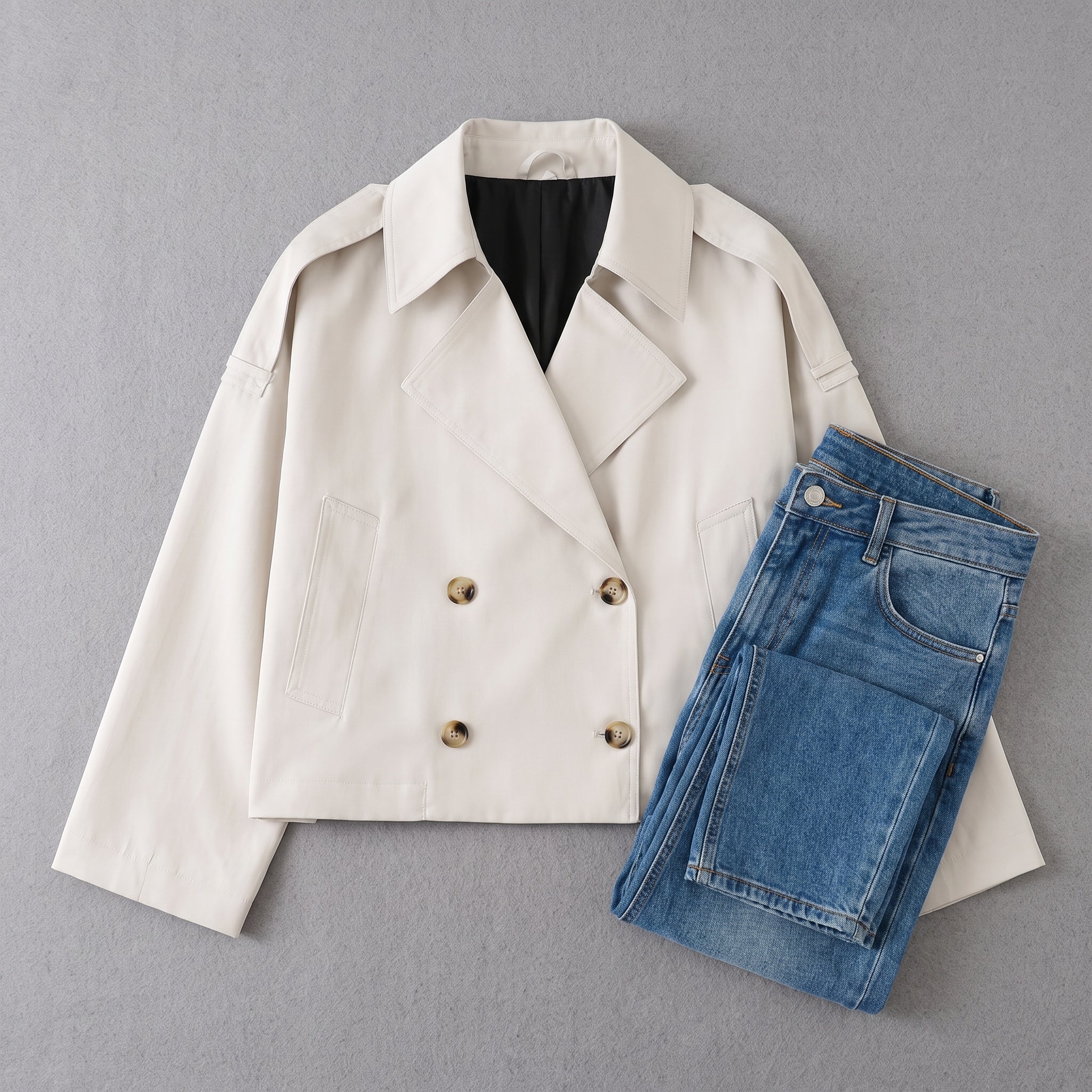 Trench Coat Short Double Breasted Light Beige - scale